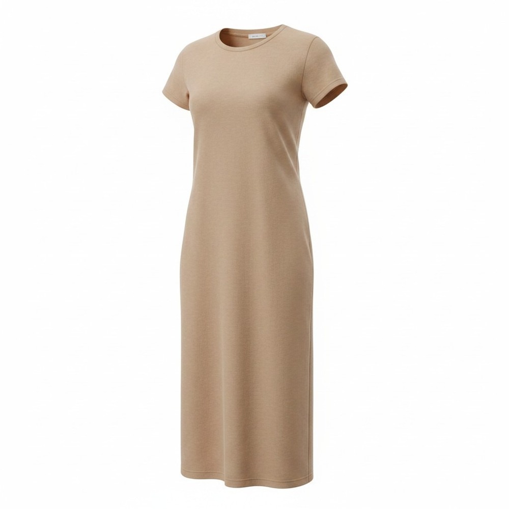 H&M T-Shirt Dress Womens XS Tan Excellent Midi Short Sleeve Pockets Slit